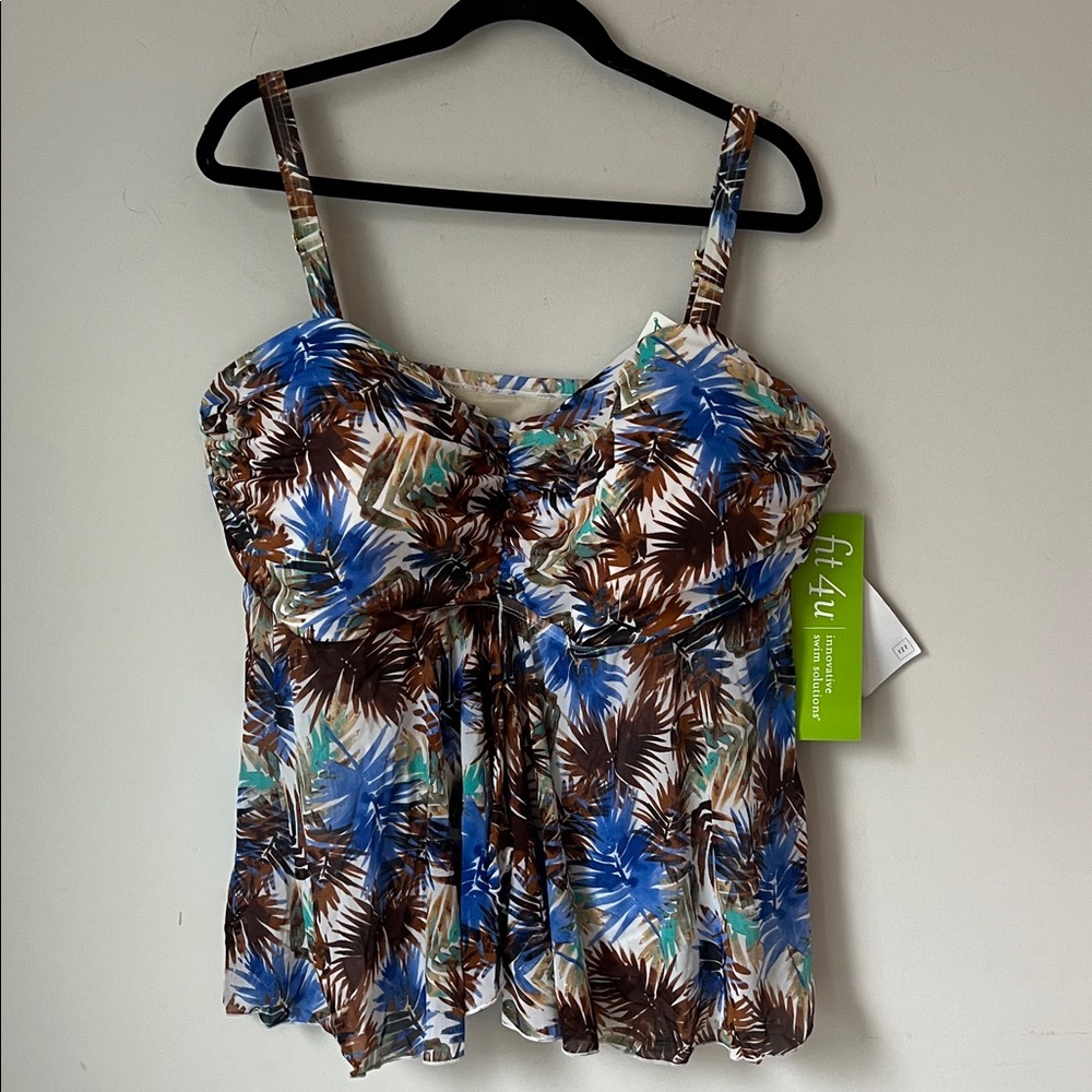Fit 4 U Tropical Swim Dress Tankini Top NWT 24W Blue Brown Palm Print Resort 🕶️
